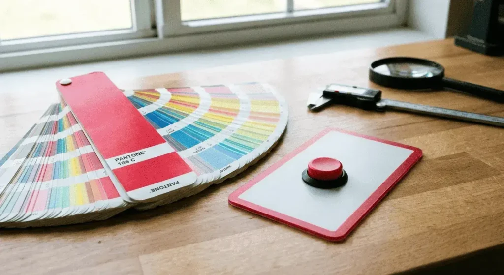 Professionelle Farbabstimmung mit einem Pantone-PMS-Buch neben einem siebgedruckten grafischen Overlay.