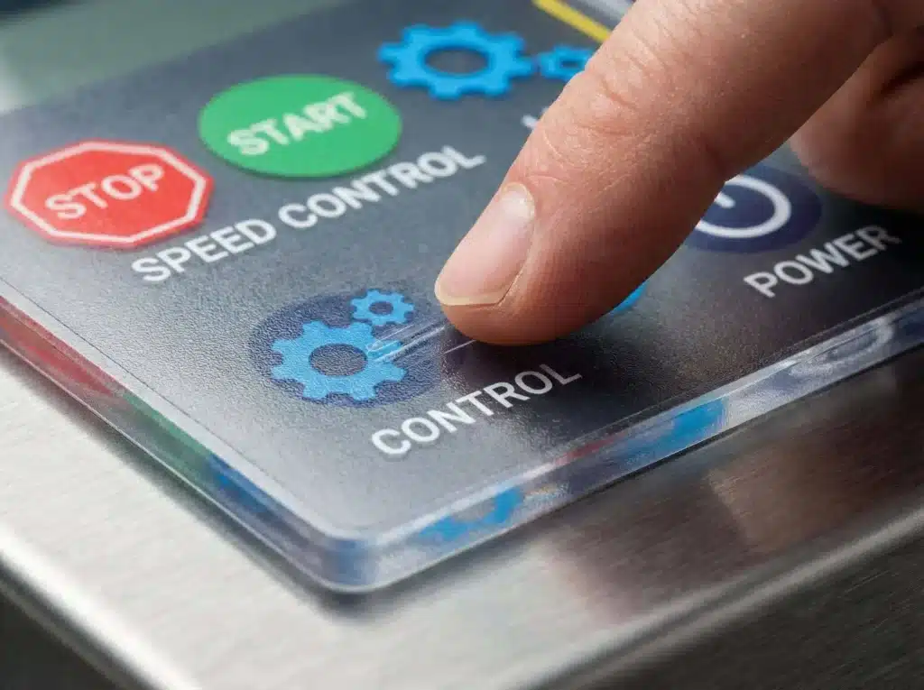 Nahaufnahme einer unter der Oberfläche gedruckten Grafikfolie, die die unter einer Polyesterfolie geschützte Tinte zeigt.