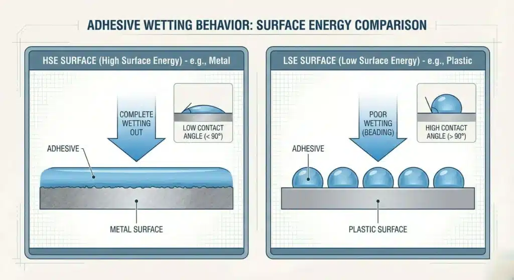 Diagramm zur Klebeverbindung bei hoher vs. niedriger Oberflächenenergie.