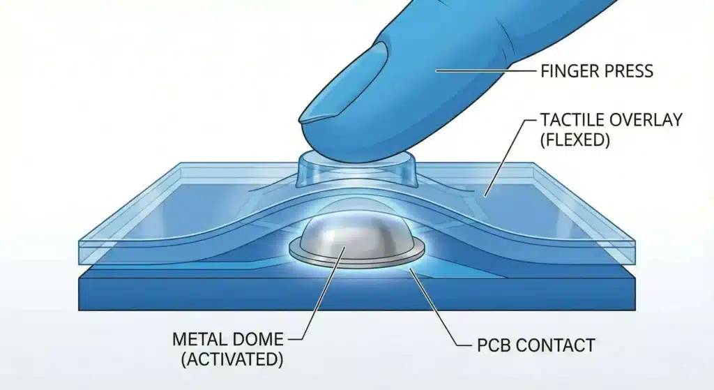 Technische Illustration der Lebensdauer von Tasten und der mechanischen Belastung auf einer Grafikschicht.
