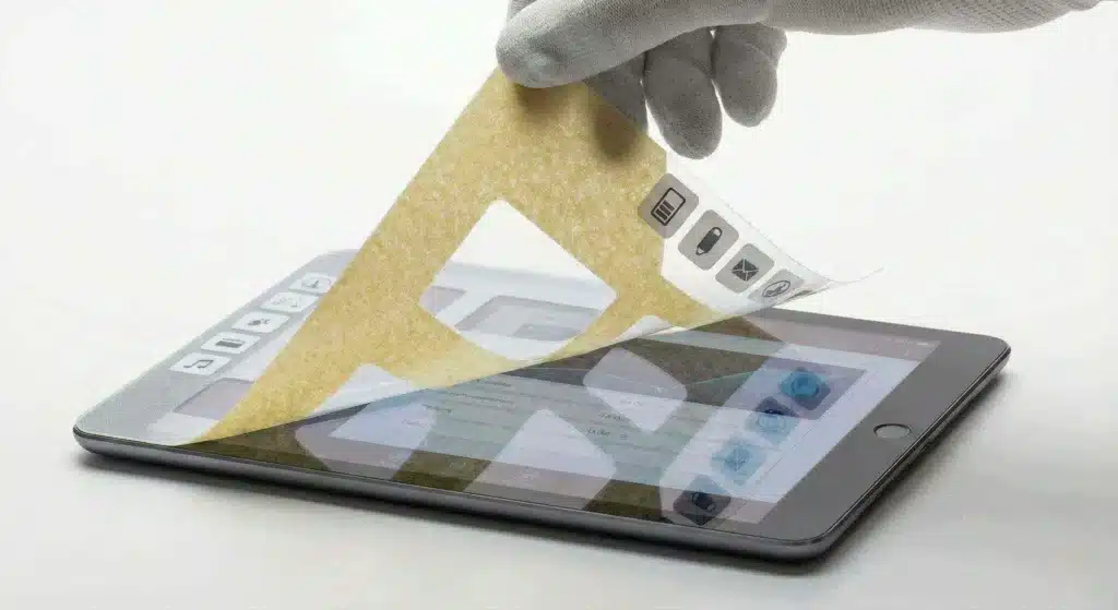 Grafische Folie mit selektivem Klebstoff, gestanzt für LCD-Fenster.