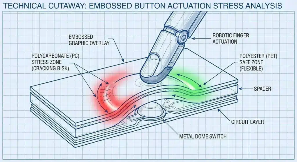 Schema eines geprägten Tastknopfes mit Angabe der Biegepunkte und der Materialspannung.