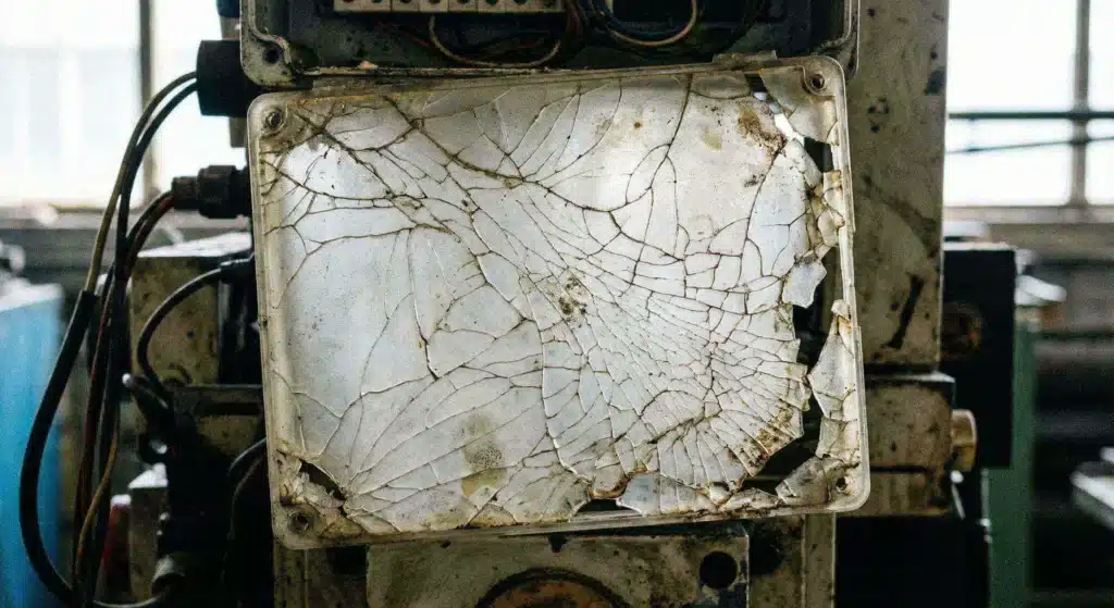 Beispiel für chemische Spannungsrisskorrosion und Trübung auf einer Polycarbonat-Grafikfolie.