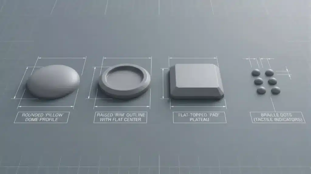3D-Querschnittsdiagramm mit Darstellung der Prägeprofile für Kuppel, Rand und Polster.