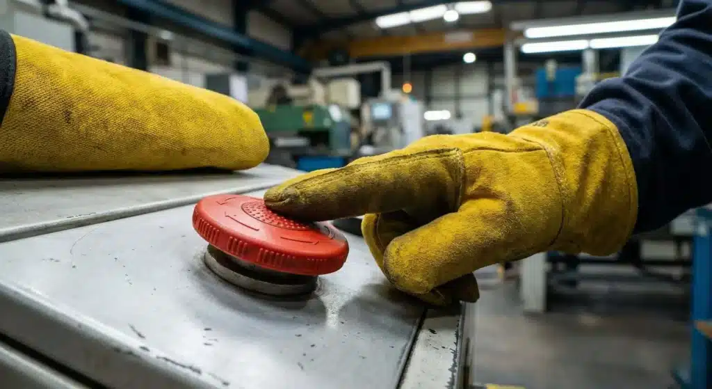 Ein Bediener mit dicken Handschuhen drückt einen taktilen, geprägten Knopf auf einem industriellen Bedienfeld.