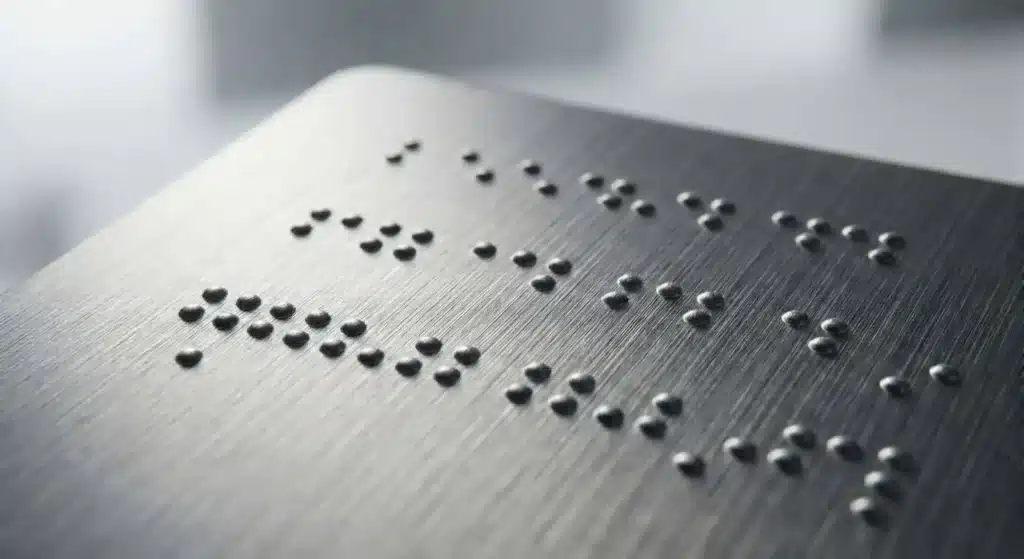 Nahaufnahme von Blindenschriftzeichen, die zur besseren Zugänglichkeit direkt in eine speziell angefertigte Grafikfolie eingeprägt wurden.