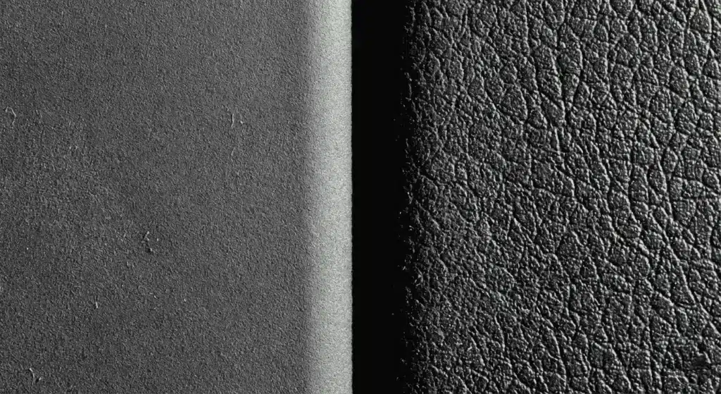 Vergleich der feinen Samtstruktur mit der grobkörnigen Struktur von Frontplatten aus Industriefolie.