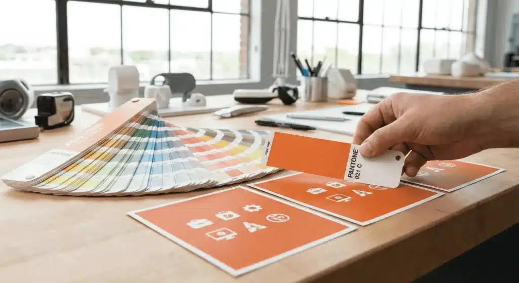 Professionelle Farbabstimmung unter Verwendung des Pantone Matching Systems für individuelle Grafik-Overlays.