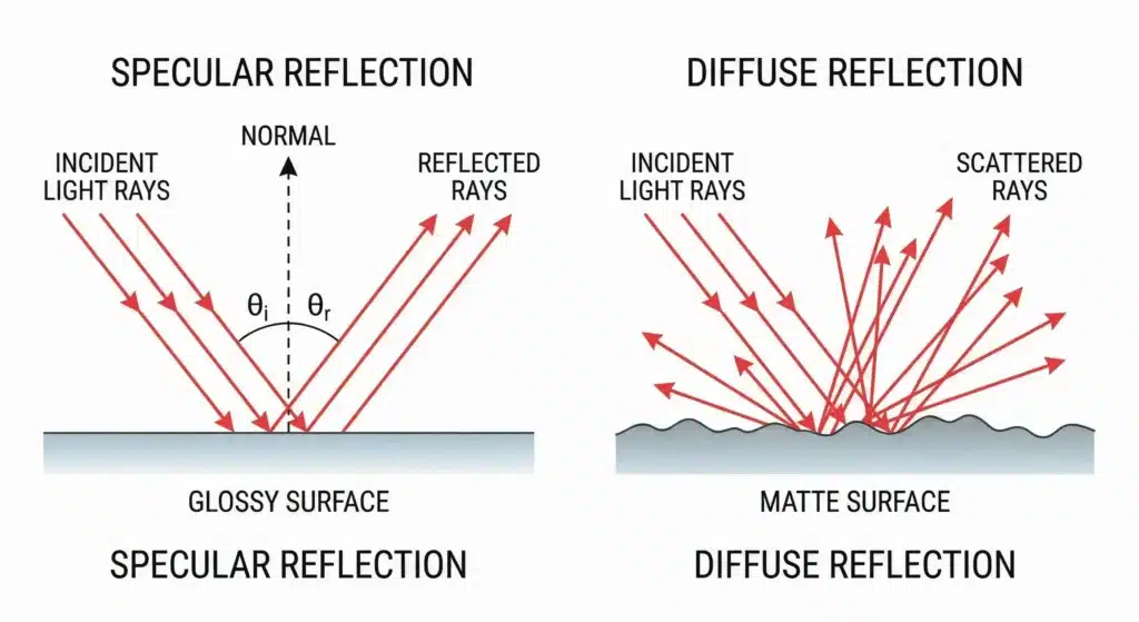 Diagramm zum Vergleich der Spiegelreflexion auf glänzenden Oberflächen mit der diffusen Reflexion auf matten Grafiküberlagerungen.
