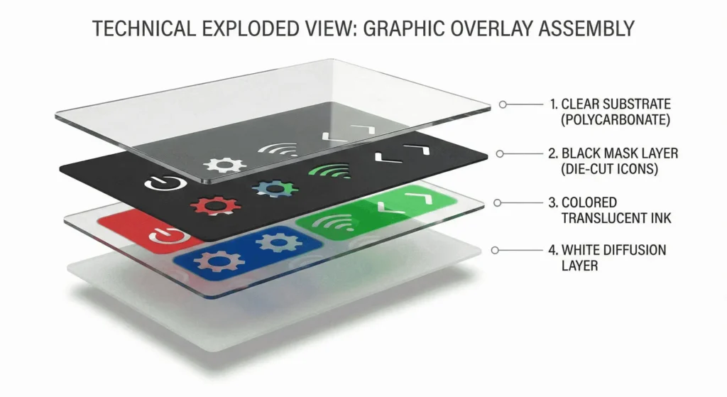 Technische Zeichnung, die die Schichten einer grafischen Dead-Front-Überlagerung einschließlich Substrat- und Diffusionsschichten zeigt.
