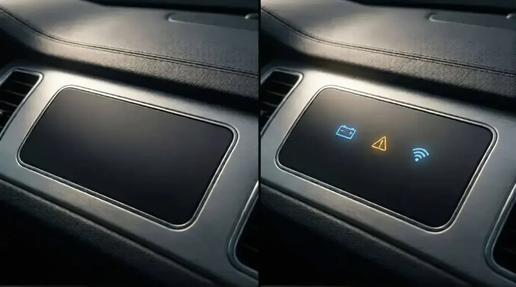 Grafische Dead-Front-Überlagerung mit einem direkten Vergleich zwischen unbeleuchtetem und hinterleuchtetem Zustand.