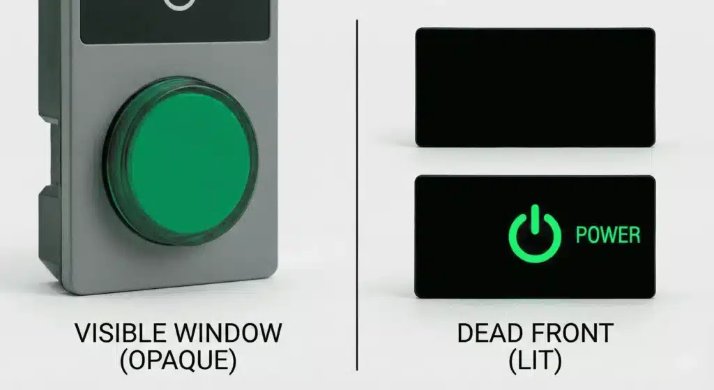 Vergleich zwischen einem Standard-transluzenten, getönten Fenster und einer ausgefeilten Dead-Front-Grafik.