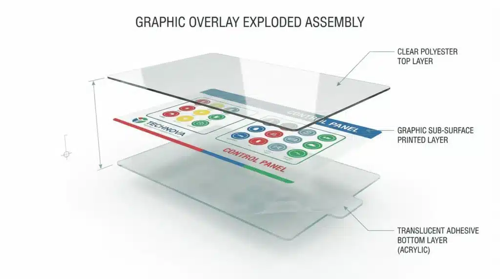3D-Explosionsansicht eines Subsurface-gedruckten grafischen Overlays, das Substrat-, Reverse-Tinten- und Klebstoffschichten zeigt.