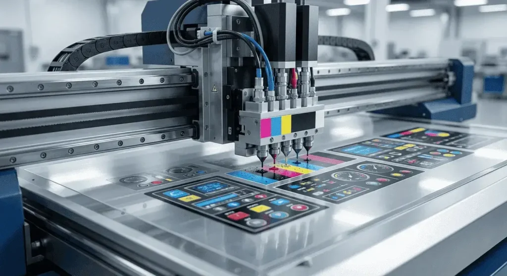 Industrieller Digital-Tintenstrahldrucker, der CMYK-Tinten auf ein Polyester-Grafik-Overlay-Substrat aufträgt.