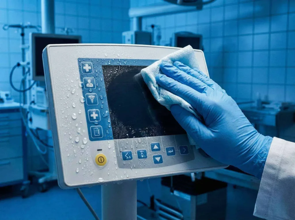 Graphic overlay control panel being wiped with a chemical disinfectant in a medical laboratory.