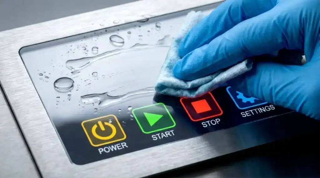 Grafisches Overlay, das mit einem chemischen Lösungsmittel gereinigt wird, ohne die Subsurface-gedruckten Grafiken zu beschädigen.