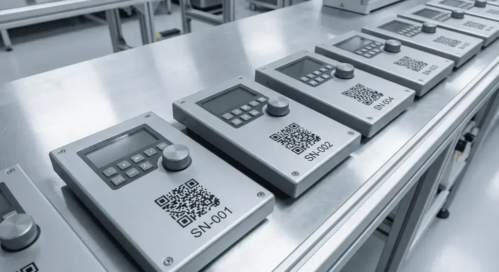 Digital gedruckte Overlays mit eindeutigen QR-Codes und fortlaufenden Seriennummern zur Anlagenverfolgung.