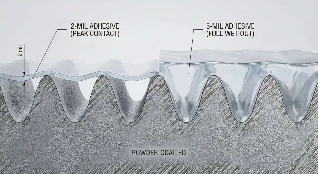 Mikroskopische Ansicht der Vertiefungen in der Oberflächenstruktur des Klebstoffs.