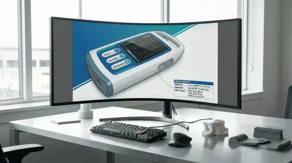 Ein komplettes, fertigungsreifes Grafiküberlagerungsdesign mit einem technischen Callout-Feld und Materialspezifikationen.