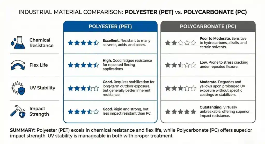 Vergleichstabelle der Eigenschaften von Polyester und Polycarbonat für grafische Overlays.