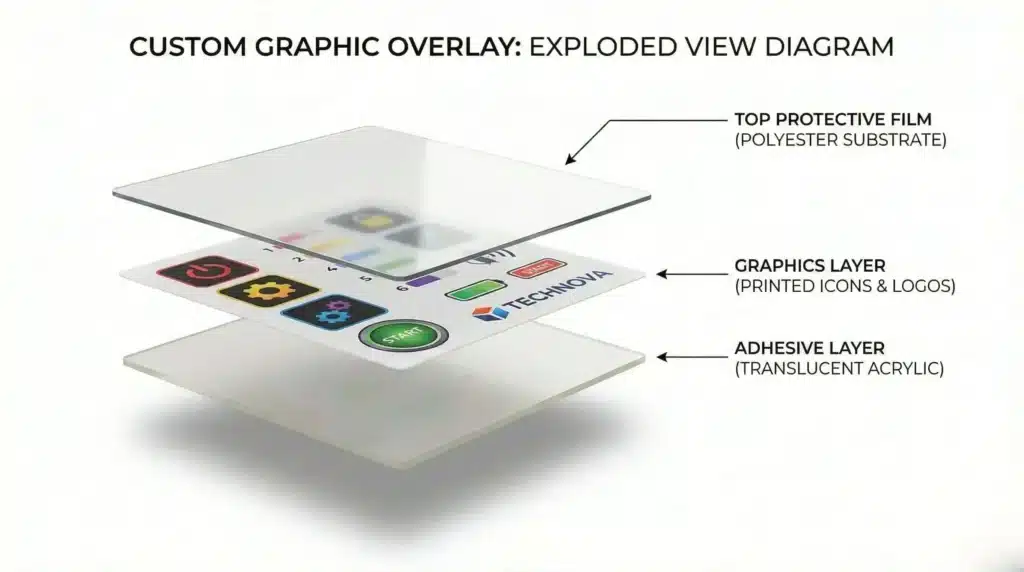 Explosionszeichnung einer mehrschichtigen Grafikfolie mit Substrat, Tinte und Klebstoff.