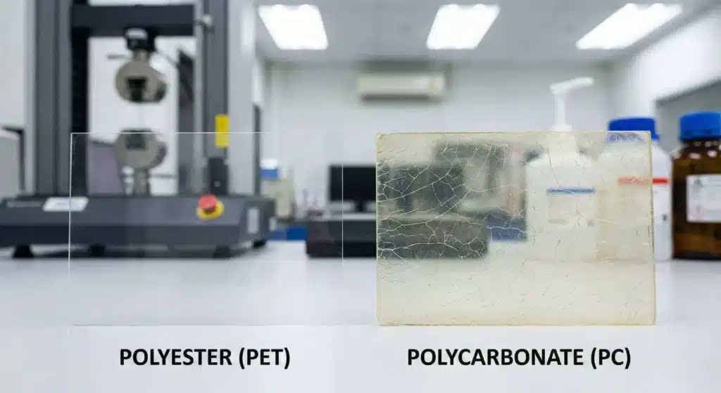 Sichtbares Versagen der Polycarbonat-Beschichtung aufgrund chemischer Einwirkung im Vergleich zu klarem Polyester.