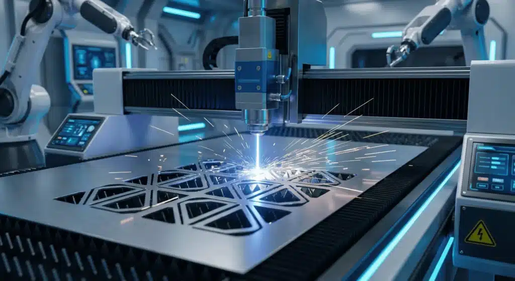 Faserlaser schneiden einzelne Metalletiketten aus einem Blech.