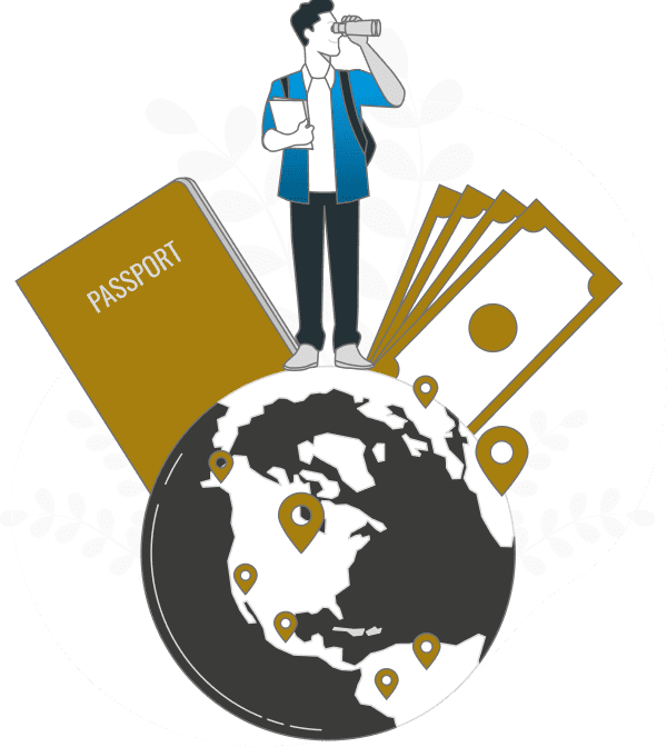 Illustration of a professional standing on a globe with travel and document icons next to a contact form.