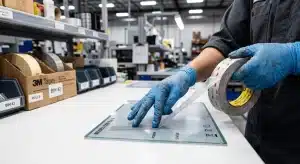 Technik nanáša lepidlo pre grafické prekrytie na fóliový panel – aplikácia 3M obojstrannej lepiacej pásky v priemyselnej výrobe