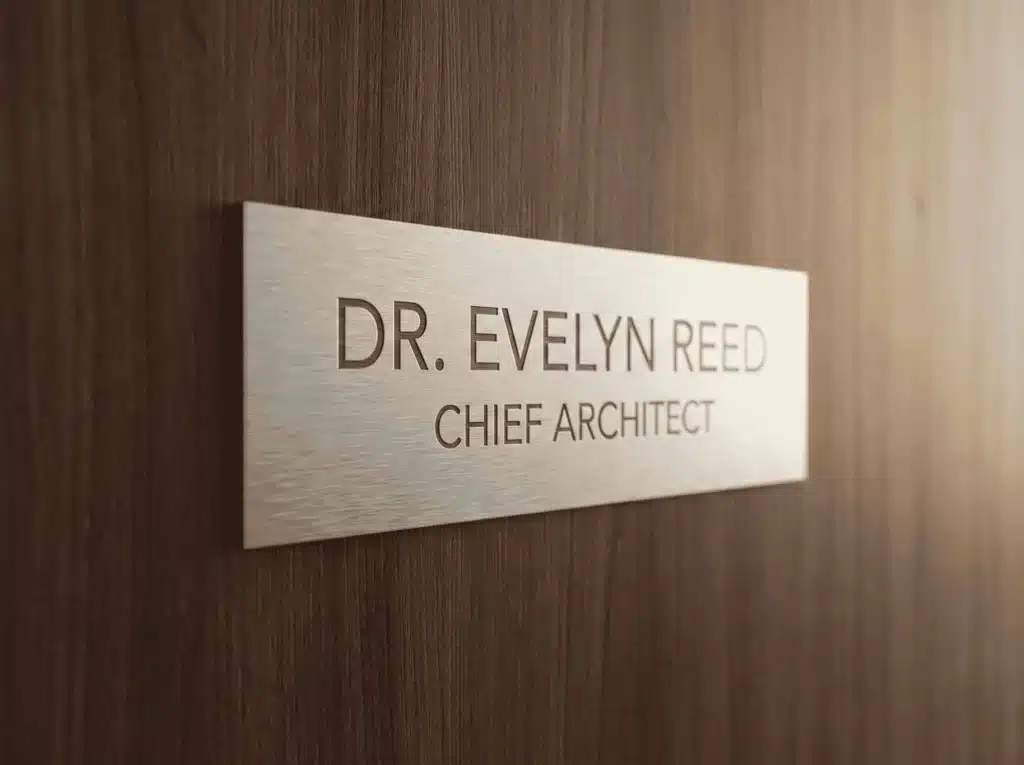 Ein Namensschild aus Aluminium mit elegantem, gebürstetem Finish wurde an einer Bürotür angebracht.