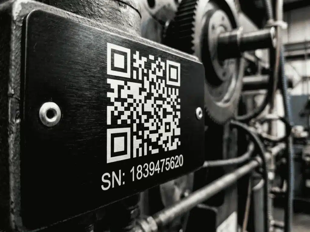 Industrielles Aluminium-Typenschild mit einem einzigartigen QR-Code zur Anlagenverfolgung.
