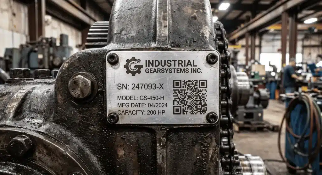 Laserovo gravírovaný QR kód na hliníkovom štítku priemyselného stroja