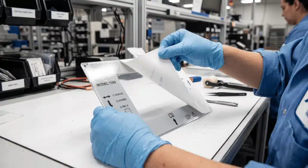 Technik odstraňuje maskovací liner pre selektívne pokrytie lepidlom na grafickom prekrytí – obdĺžnikové okienko bez lepidla pre LCD displej