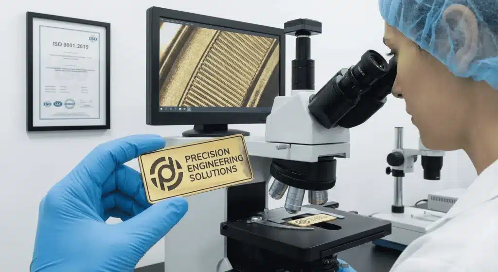 Qualitätsprüfer, der Metalletiketten auf visuelle und Haltbarkeitsstandards prüft.