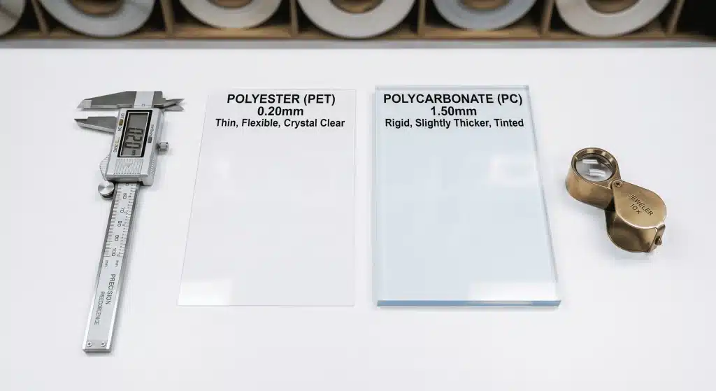 Porovnanie vzoriek polyesteru (PET) a polykarbonátu (PC) na laboratórnom povrchu – polyester vs polykarbonát grafické prekrytie výber substrátu