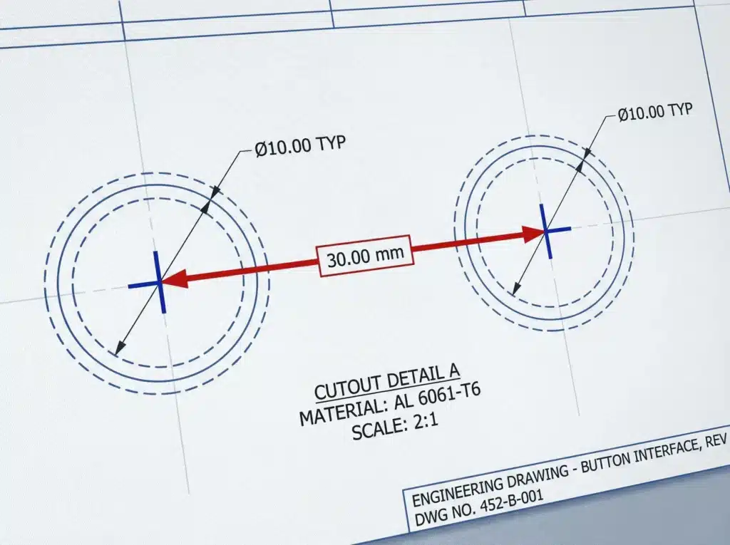 Technische Zeichnung, die die Bemaßung von Mittellinie zu Mittellinie für grafische Überlagerungsknöpfe zeigt.