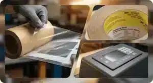 Industrielle Klebstoffanwendung für grafische Overlays, die die Haftung auf Materialien mit hoher und niedriger Oberflächenenergie zeigt.