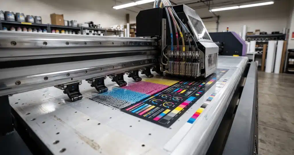 Digitálna tlač grafického prekrytia – priemyselná CMYK tlačiareň nanáša farby na substrát