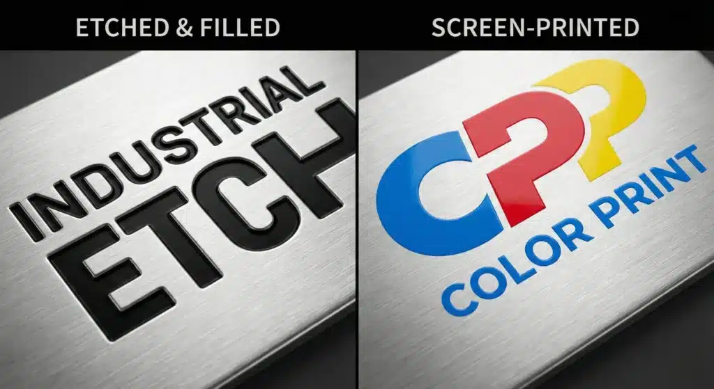 Vergleich zwischen geätzten und siebgedruckten Namensschildern aus Edelstahl.