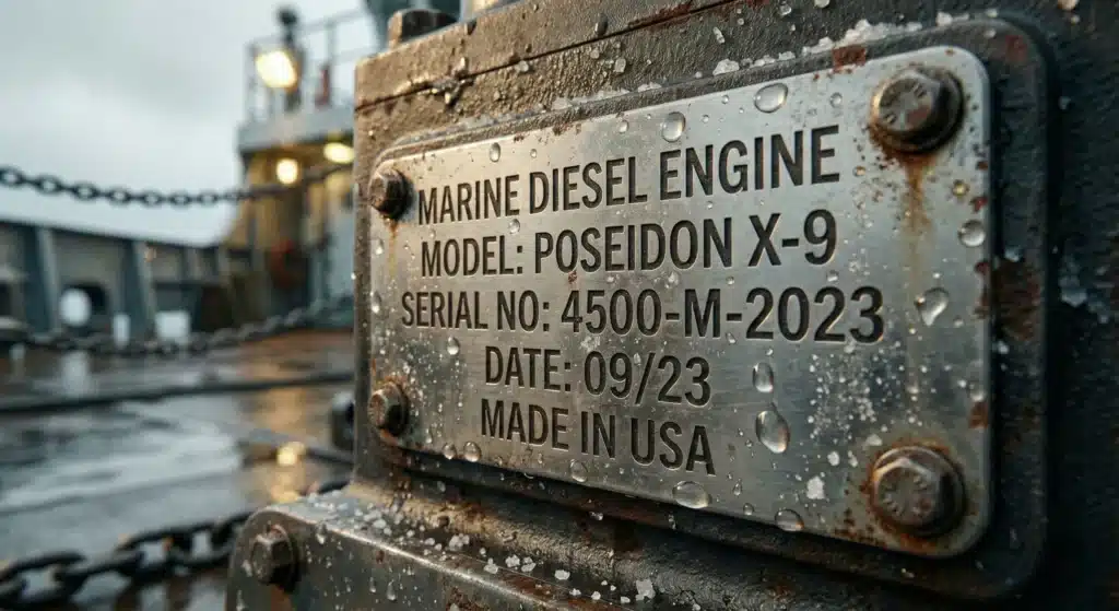 Typenschild aus Edelstahl, wie es in der Schifffahrt und im medizinischen Bereich verwendet wird.