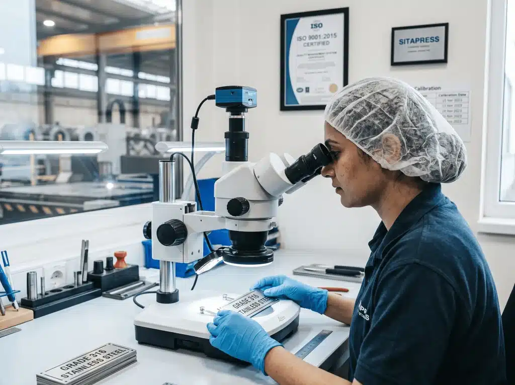 Kontrola kvality kovového štítku pod mikroskopom pred certifikáciou ISO 9001:2015