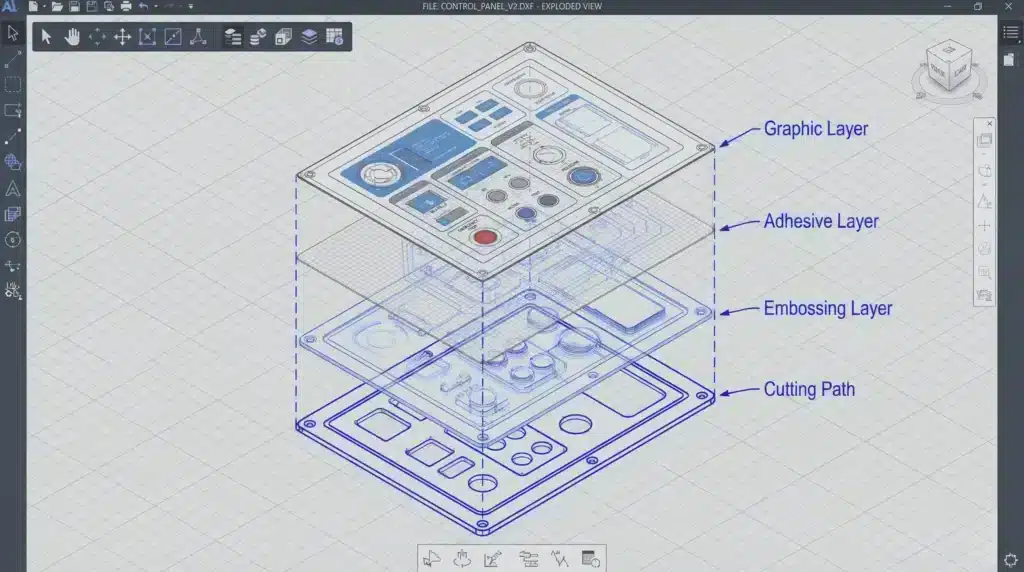 Explosionsansicht einer Designdatei für grafische Überlagerungen, die Ebenen für Ausschnitte, Fenster und Prägungen zeigt.