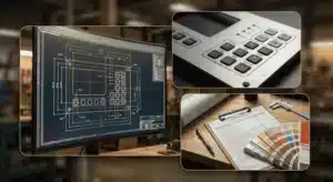 Checkliste für technische Designdateien für fertigungsreife grafische Überlagerungen, die Vektorebenen und Abmessungen zeigt.