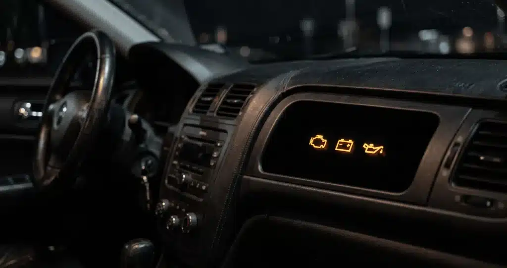 Rozsvietené výstražné ikony na mŕtvom prednom paneli v aute – grafické prekrytie automobilový priemysel