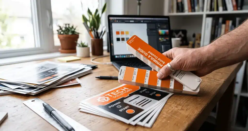 Porovnanie vzorky Pantone s vytlačeným grafickým prekrytím – Pantone Matching grafické prekrytie zaručuje presnosť farieb značky