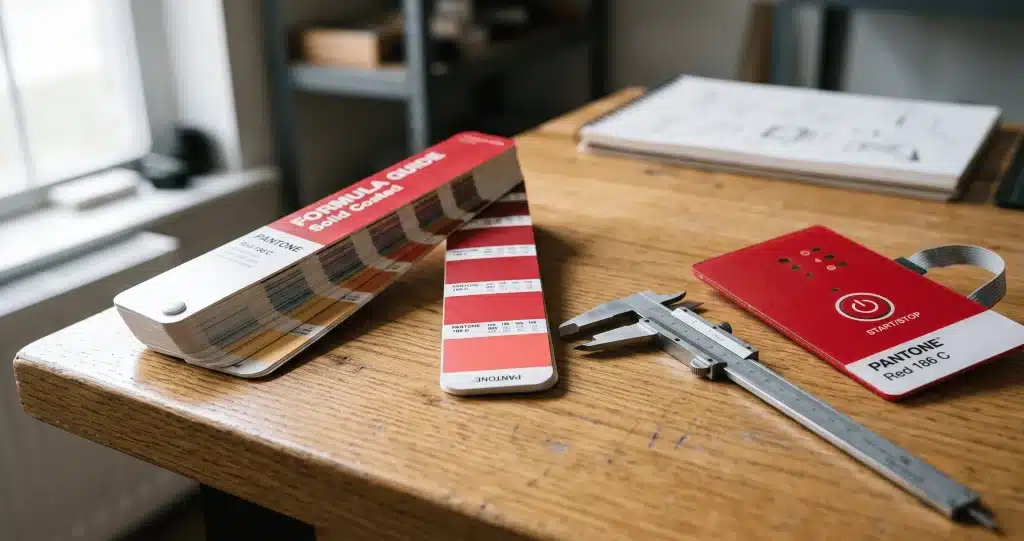 Porovnanie vzorky Pantone (PMS) s vytlačeným grafickým prekrytím – presná zhoda farieb pri sieťotlači