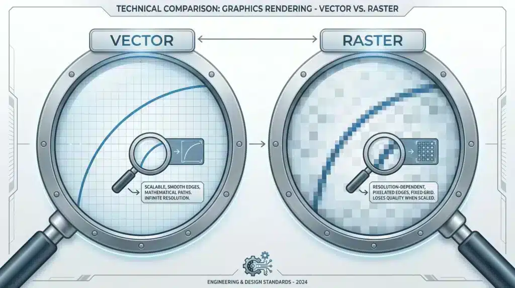 Vergleich von Vektor- und Rastergrafiken, die glatte Pfade im Vergleich zu pixeligen Kanten für die Fertigung zeigen.
