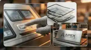 Dekonstruktion einer mehrschichtigen grafischen Überlagerung, die die Schnittstelle zwischen einem menschlichen Benutzer und einer Industriemaschine zeigt.