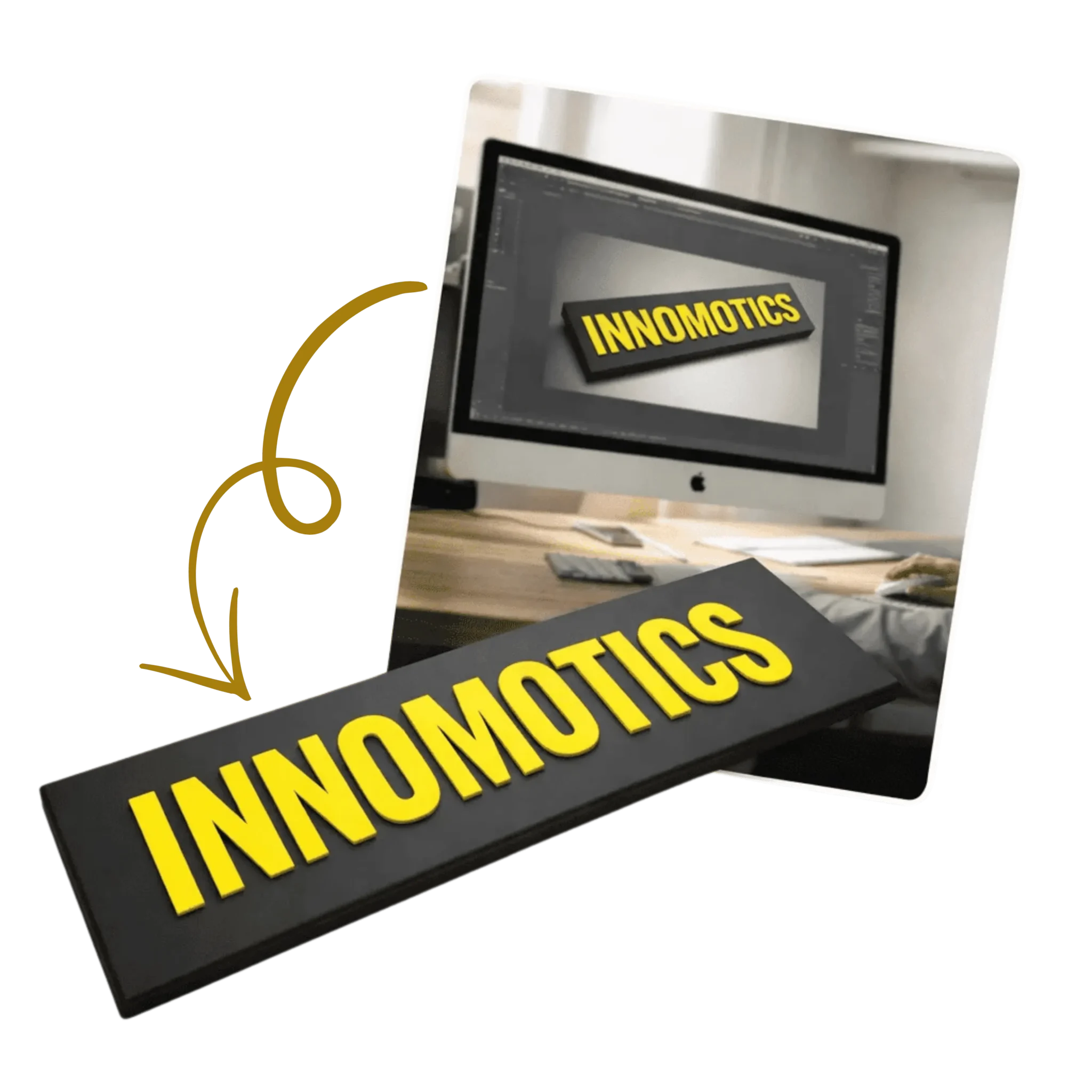 An INNOMOTICS 3D aluminum logo displayed next to three service highlights: Tight-Tolerance Manufacturing, Custom Solutions, and Predictable Lead Times.