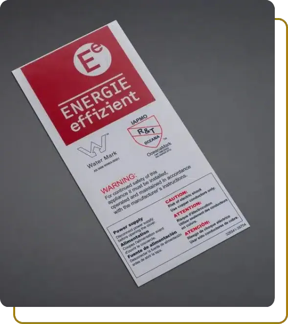 Vertical printed technical label featuring 'Energie effizient' header, Water Mark certification logo, and multilingual safety warnings.